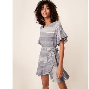 Striped Linen-Blend Flutter Sleeve Dress.